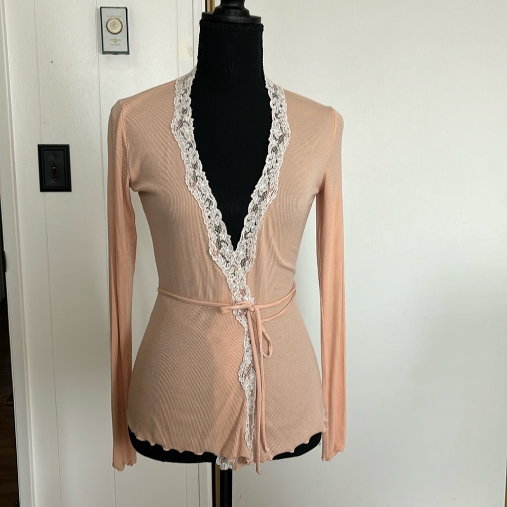 Vintage Moda Peach Wrap around Sweater with Lace